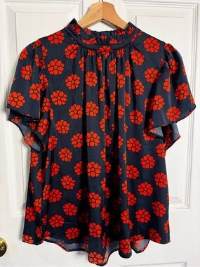 THML for Anthropologie NWT Navy Orange Floral Mock Neck Flutter Sleeve Blouse M